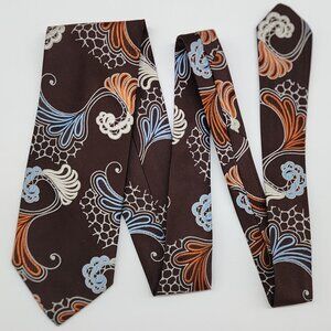 Fashion Bar Necktie Floral Blue Brown White Polyester 4" W 55" L VTG Retro